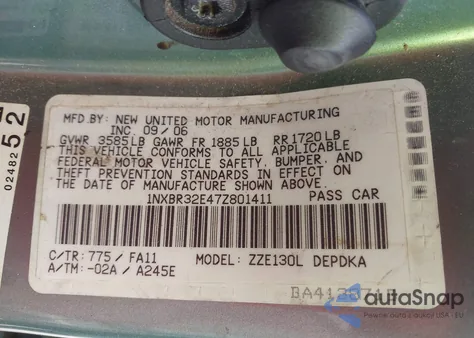 2007 Toyota Corolla Ce из США, поврежденный, VIN 1NXBR32E47Z801411